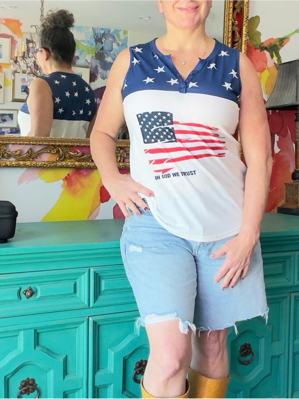 Sleeveless American Flag Tank Top - White & Navy